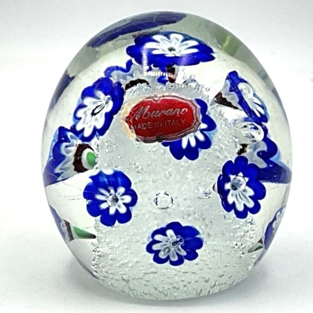 Murano Italy Studio Art Glass Blue Millefiori Egg-Shaped Paperweight Apx. 3-1/4”